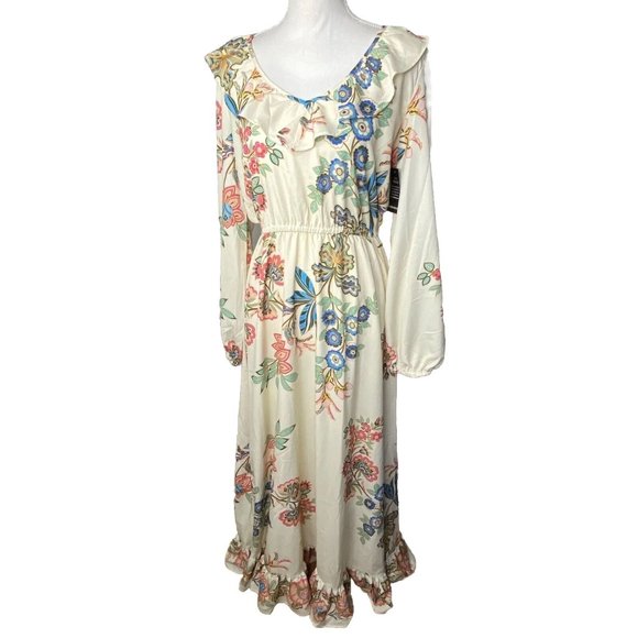 Boston Proper Dresses & Skirts - Boston Proper Boho Floral Ruffle Neckline Maxi Dress Womens Long Sleeve VNeck 10
